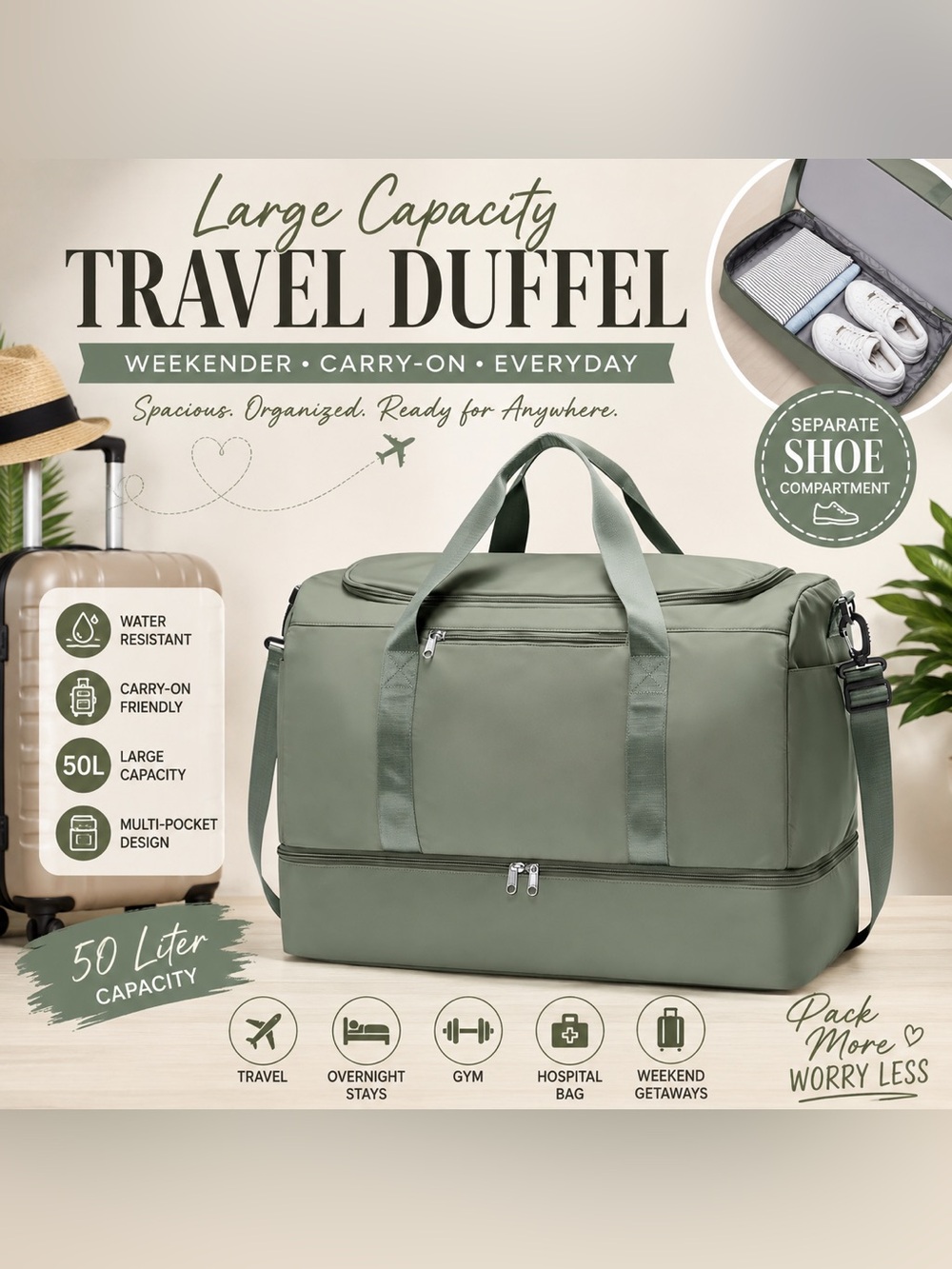 Large 50L Sage Green Travel Duffel Bag Shoe Compartment Carry-On